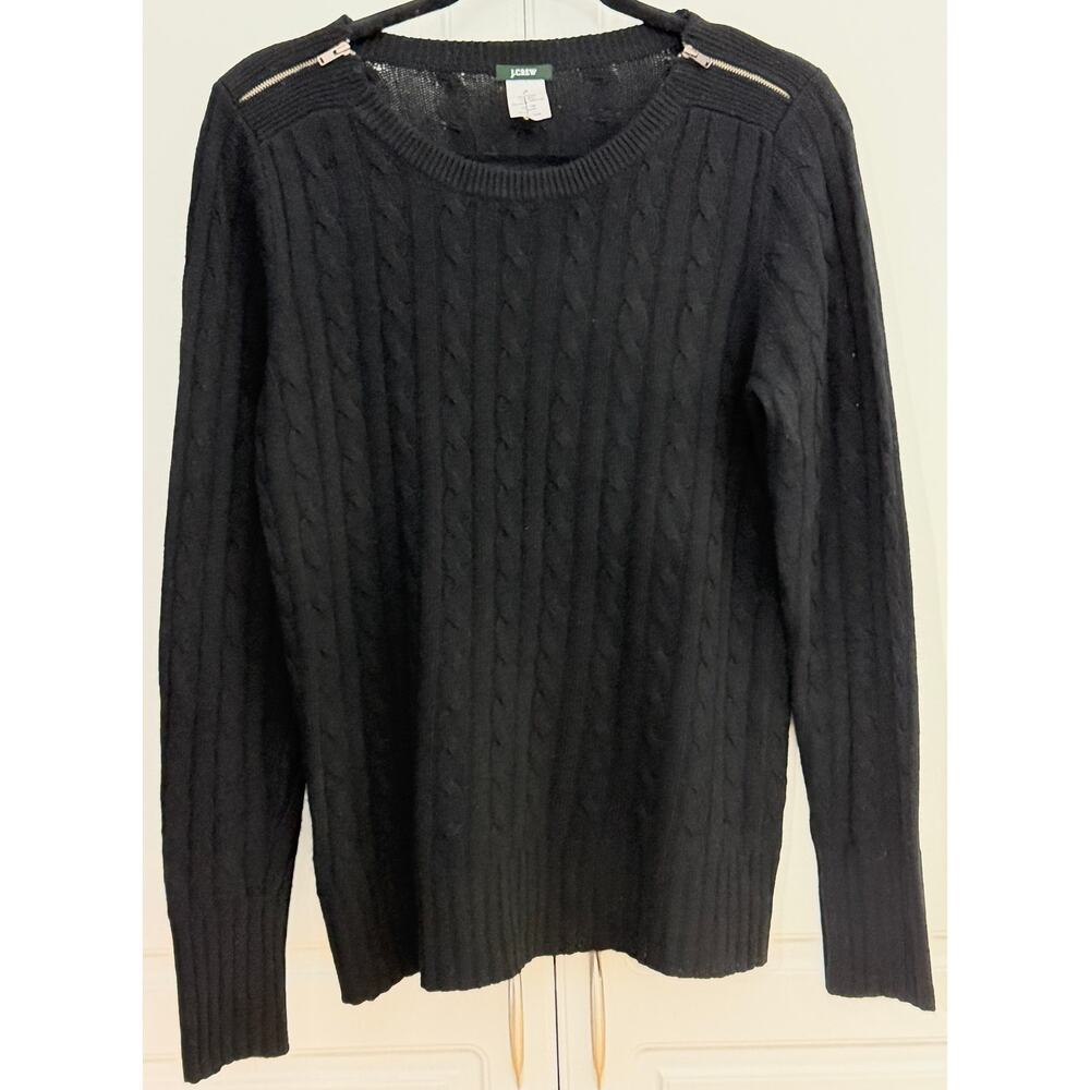 J.Crew Women's Black Cable Knit Crewneck Sweater with Zipper Details Size M